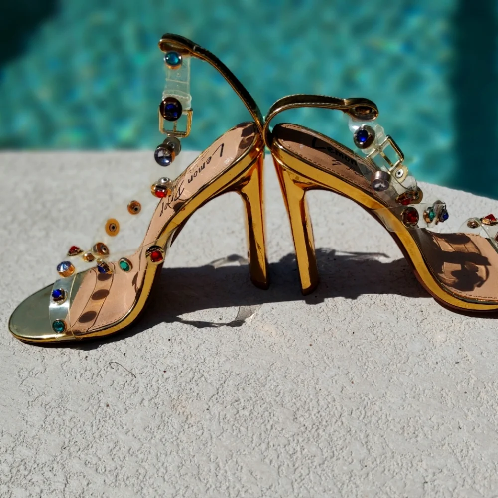 Dainty Minimal Gold Heels With Colorful Stones On Straps - Picture 3 of 14